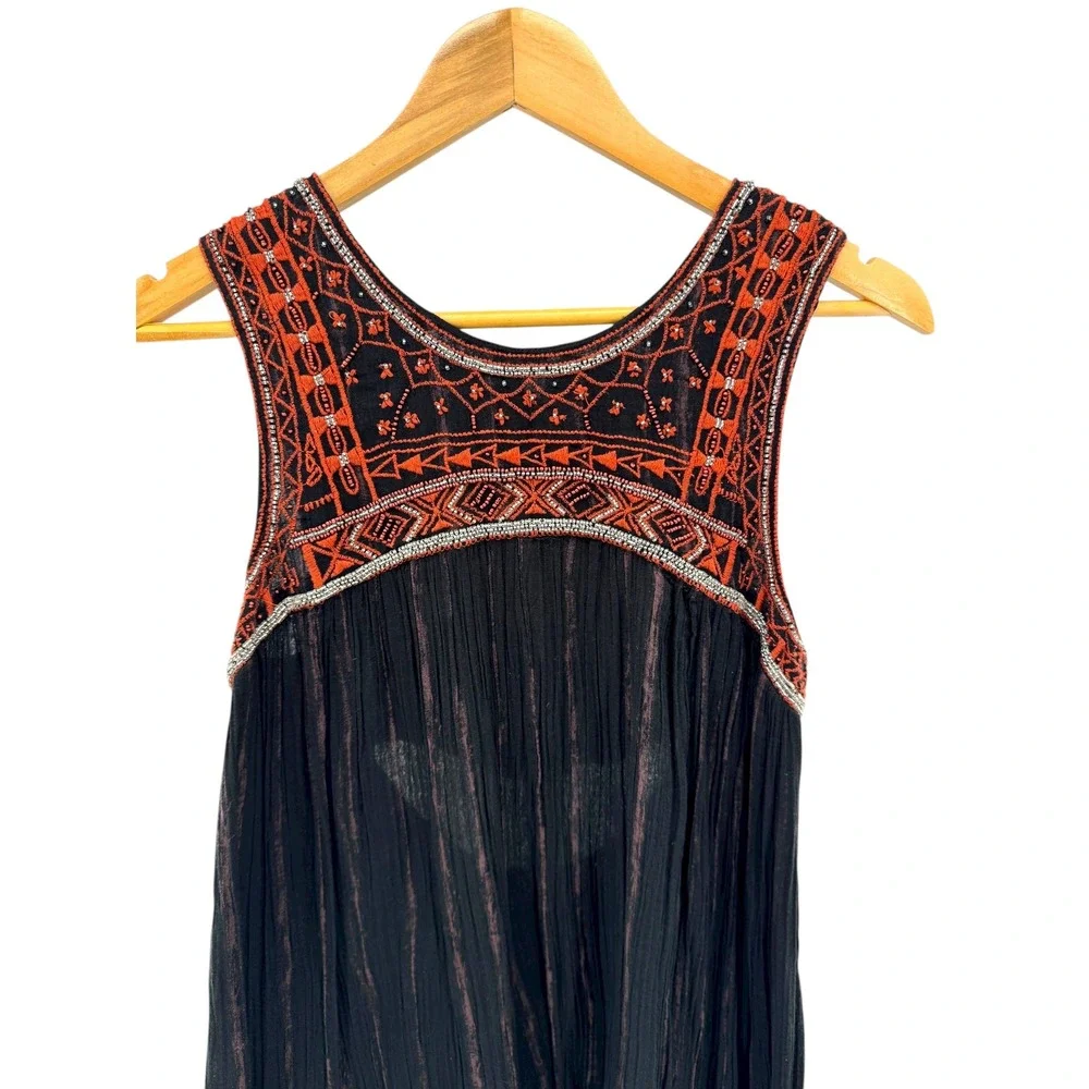Free People Aztec Beaded Embroidered‎ Bib Dress Black Boho Festival Cotton Sz 4